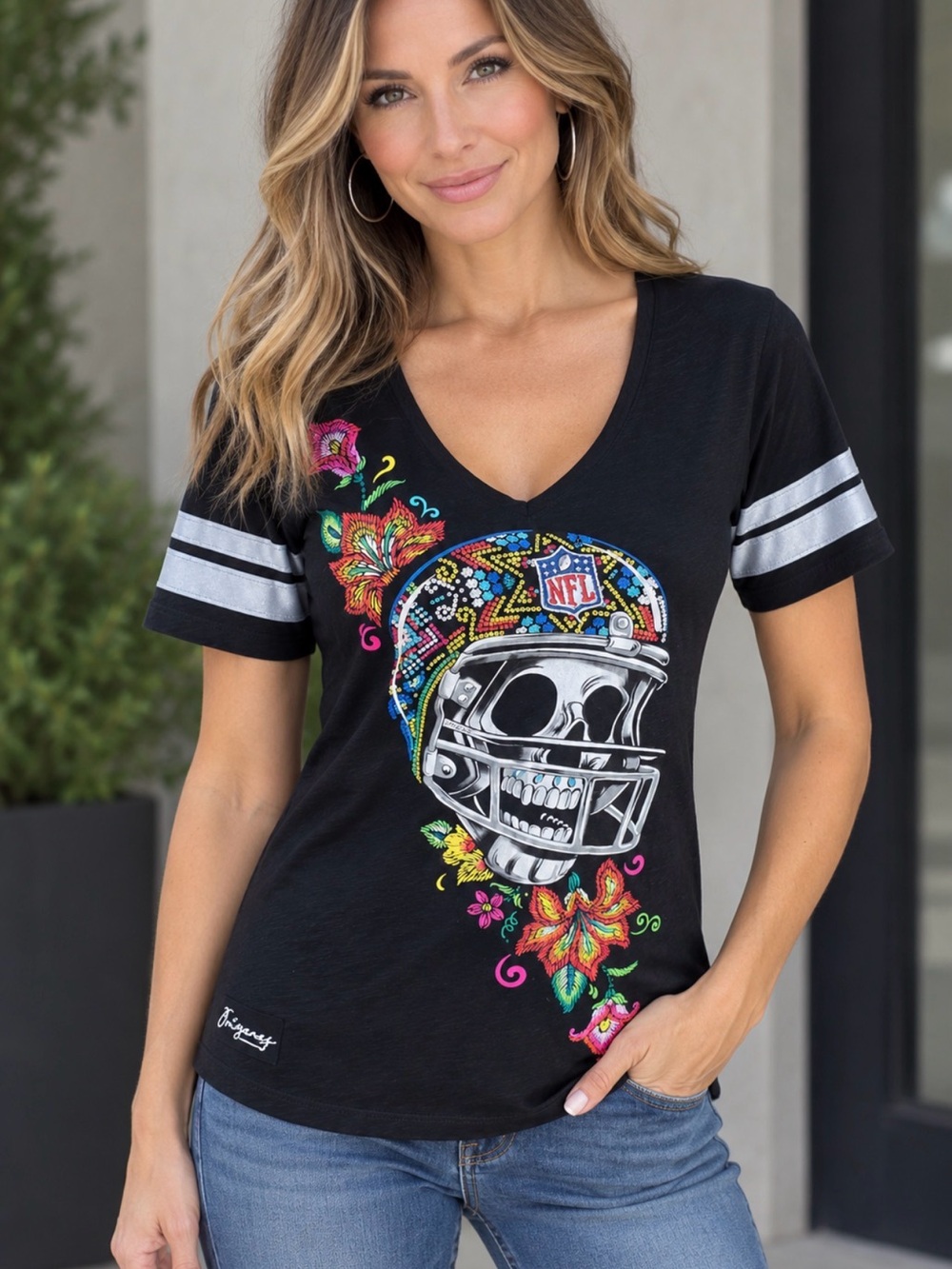 NFL Origenes Xochitl Sugar Skull Floral V-Neck Tee Sz Large